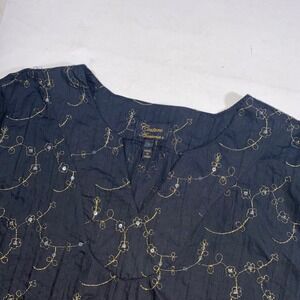Couture Accessories Black Gold Floral Embroidered Sequins V-Neck Top Plus Size L